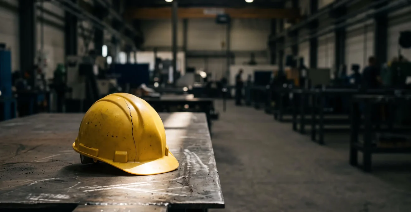 Casque de securite industriel fissure symbolisant le risque juridique lie aux EPI non certifies
