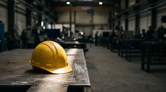 Casque de securite industriel fissure symbolisant le risque juridique lie aux EPI non certifies
