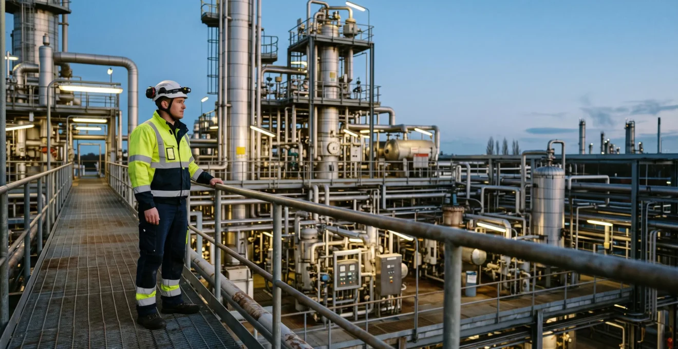 Ingénieur en sécurité industrielle observant une installation chimique complexe au crépuscule, symbolisant la prévention des accidents majeurs