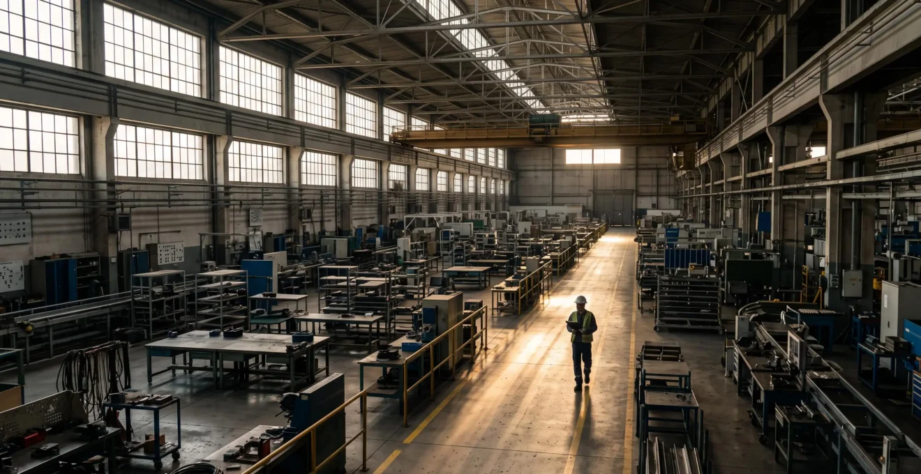 Vue large d'un atelier industriel vide au petit matin, symbolisant un audit de sécurité mené sans perturber les équipes