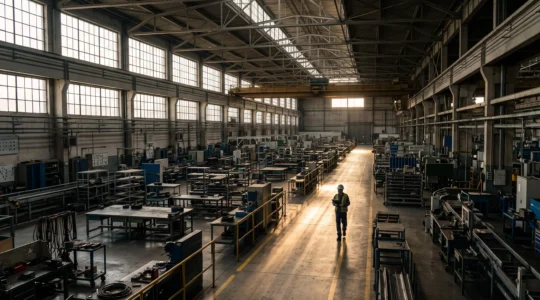 Vue large d'un atelier industriel vide au petit matin, symbolisant un audit de sécurité mené sans perturber les équipes