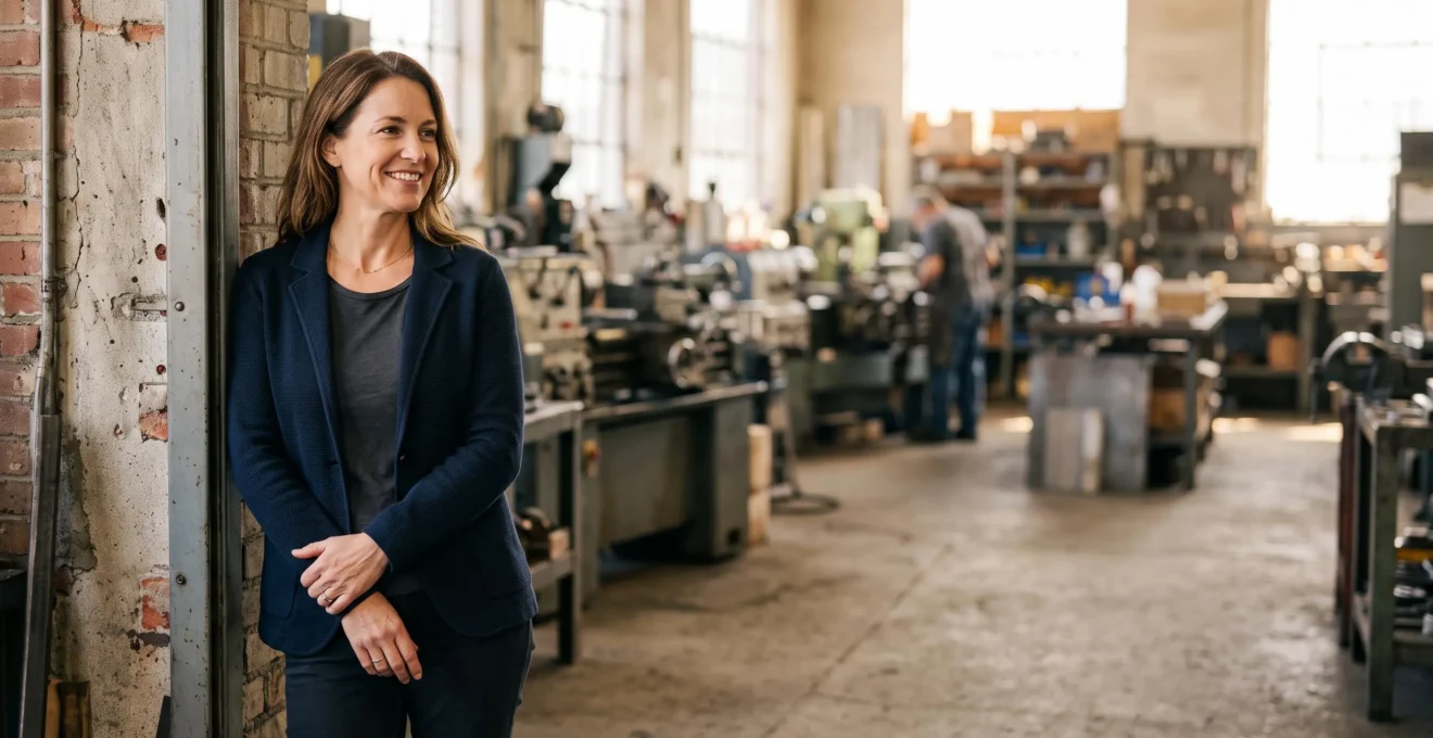 Dirigeant d'entreprise serein observant son atelier de production, symbole de la protection financière apportée par l'assurance-crédit