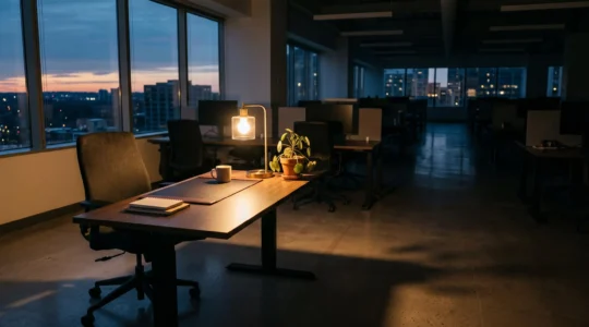 Bureau moderne vide et faiblement éclairé symbolisant l'épuisement professionnel avant un arrêt maladie prolongé