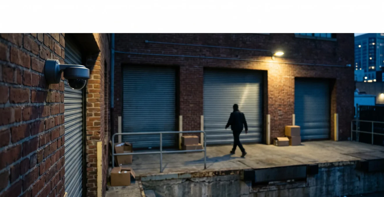 Silhouette floue d'un individu surpris de nuit dans le champ discret d'une caméra de sécurité sur une façade commerciale