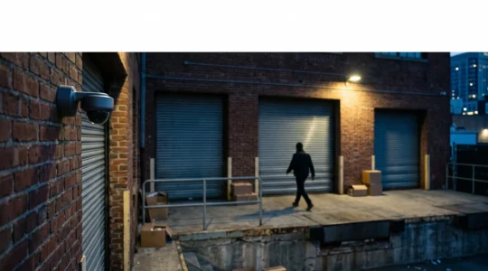 Silhouette floue d'un individu surpris de nuit dans le champ discret d'une caméra de sécurité sur une façade commerciale