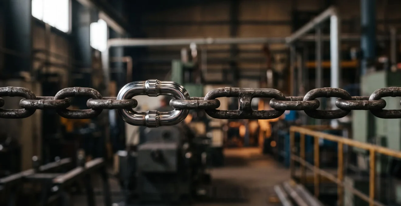 Chaîne industrielle métallique dont un maillon renforcé symbolise la résilience face à la défaillance d'un fournisseur stratégique
