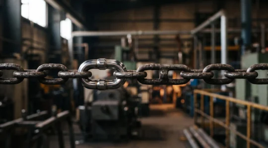 Chaîne industrielle métallique dont un maillon renforcé symbolise la résilience face à la défaillance d'un fournisseur stratégique