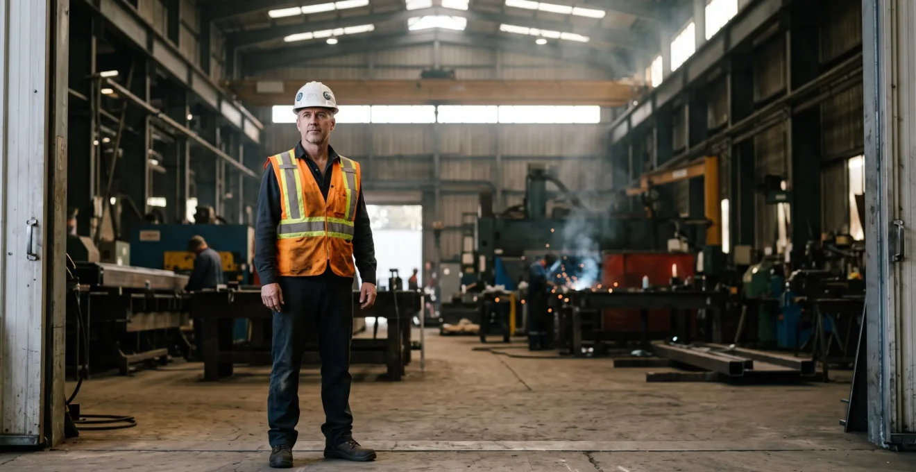 Responsable HSE observant avec assurance un atelier de fabrication metallique, symbole de la maitrise de la conformite reglementaire