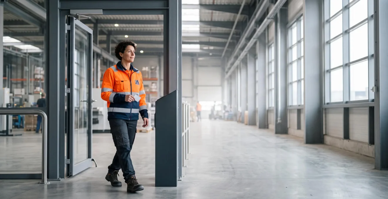 Vue editoriale d'un site industriel moderne ou un operateur passe un point de controle d'acces sans ralentir son activite