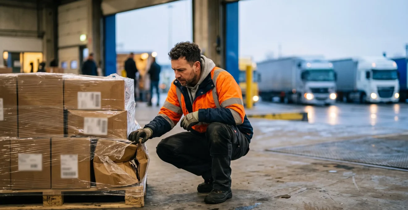 Inspection minutieuse d'une palette de marchandises partiellement endommagée sur un quai de chargement industriel
