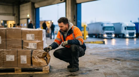 Inspection minutieuse d'une palette de marchandises partiellement endommagée sur un quai de chargement industriel