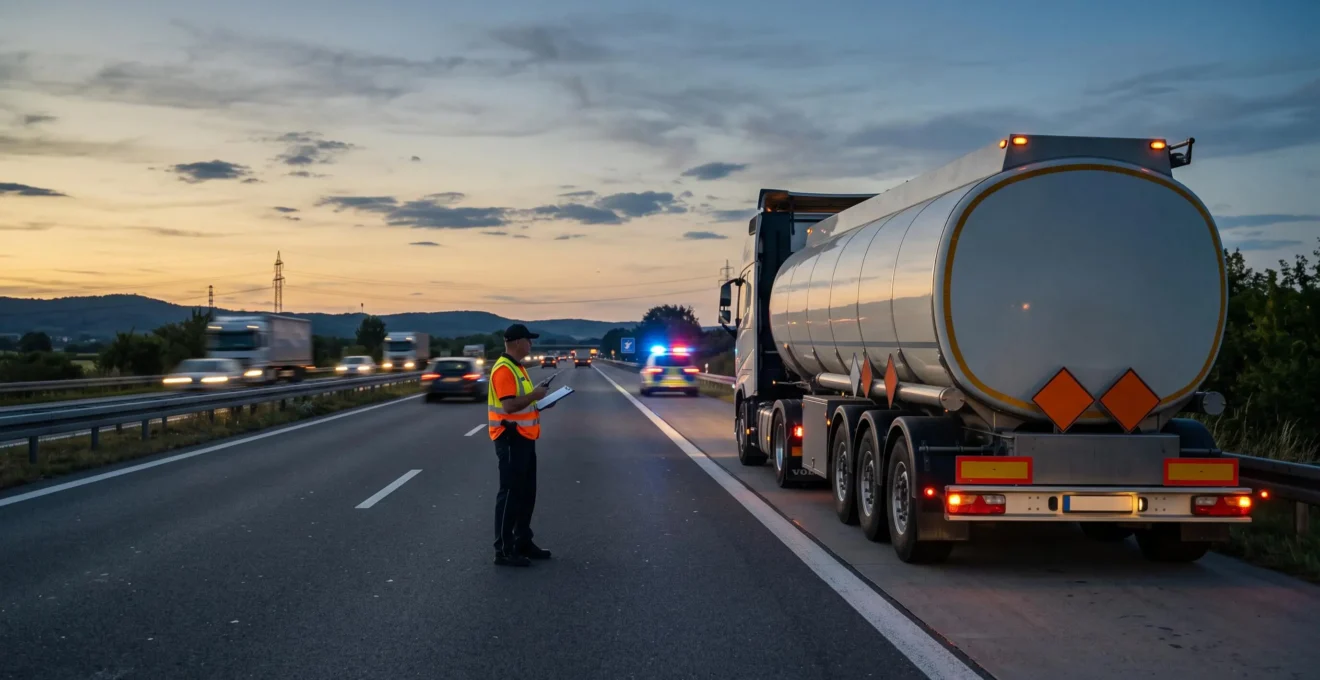 Camion-citerne de matières dangereuses immobilisé lors d'un contrôle routier au crépuscule