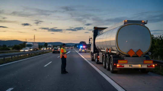 Camion-citerne de matières dangereuses immobilisé lors d'un contrôle routier au crépuscule