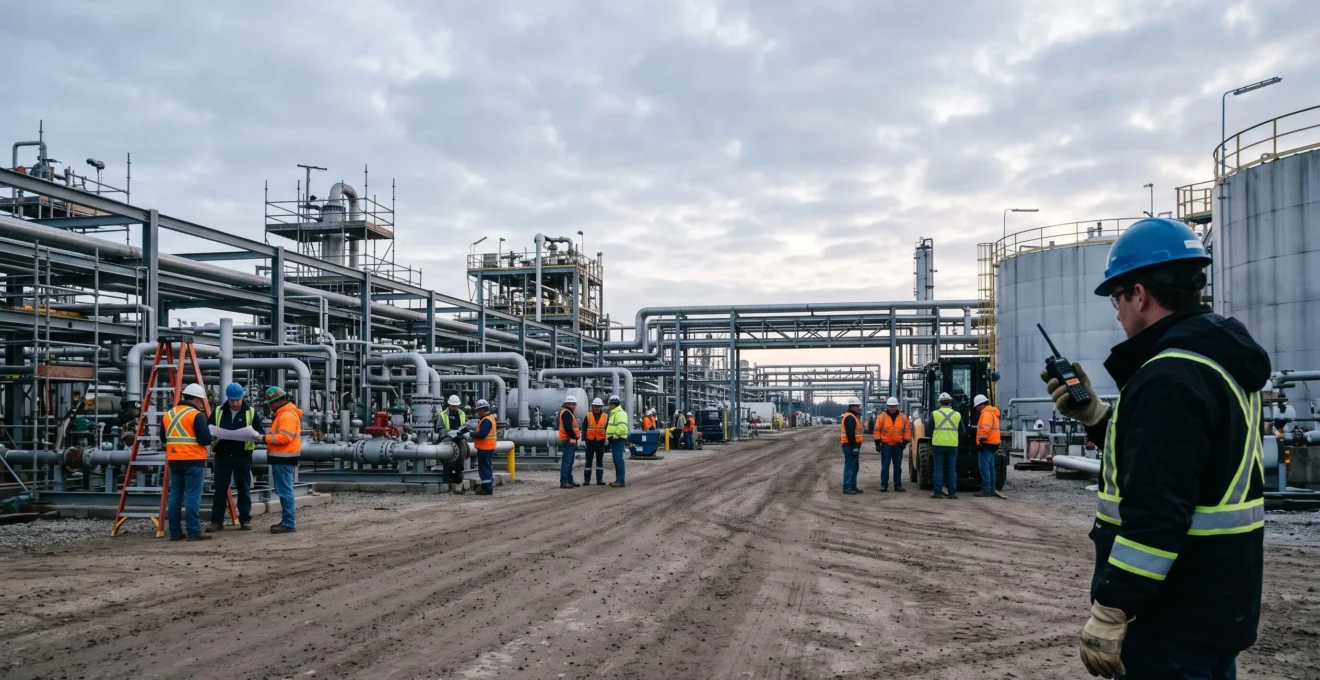 Vue d'ensemble d'un site industriel ou plusieurs equipes de prestataires travaillent simultanement en toute securite