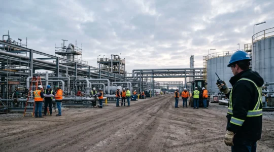 Vue d'ensemble d'un site industriel ou plusieurs equipes de prestataires travaillent simultanement en toute securite