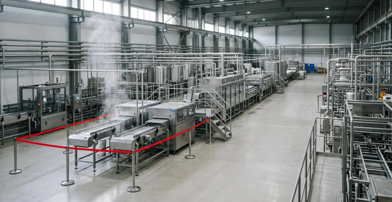 Ligne de production agroalimentaire en inox vue en grand angle, symbolisant le risque de contamination microbienne et son coût pour l'industrie