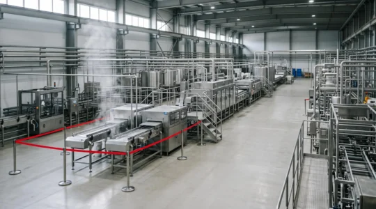 Ligne de production agroalimentaire en inox vue en grand angle, symbolisant le risque de contamination microbienne et son coût pour l'industrie