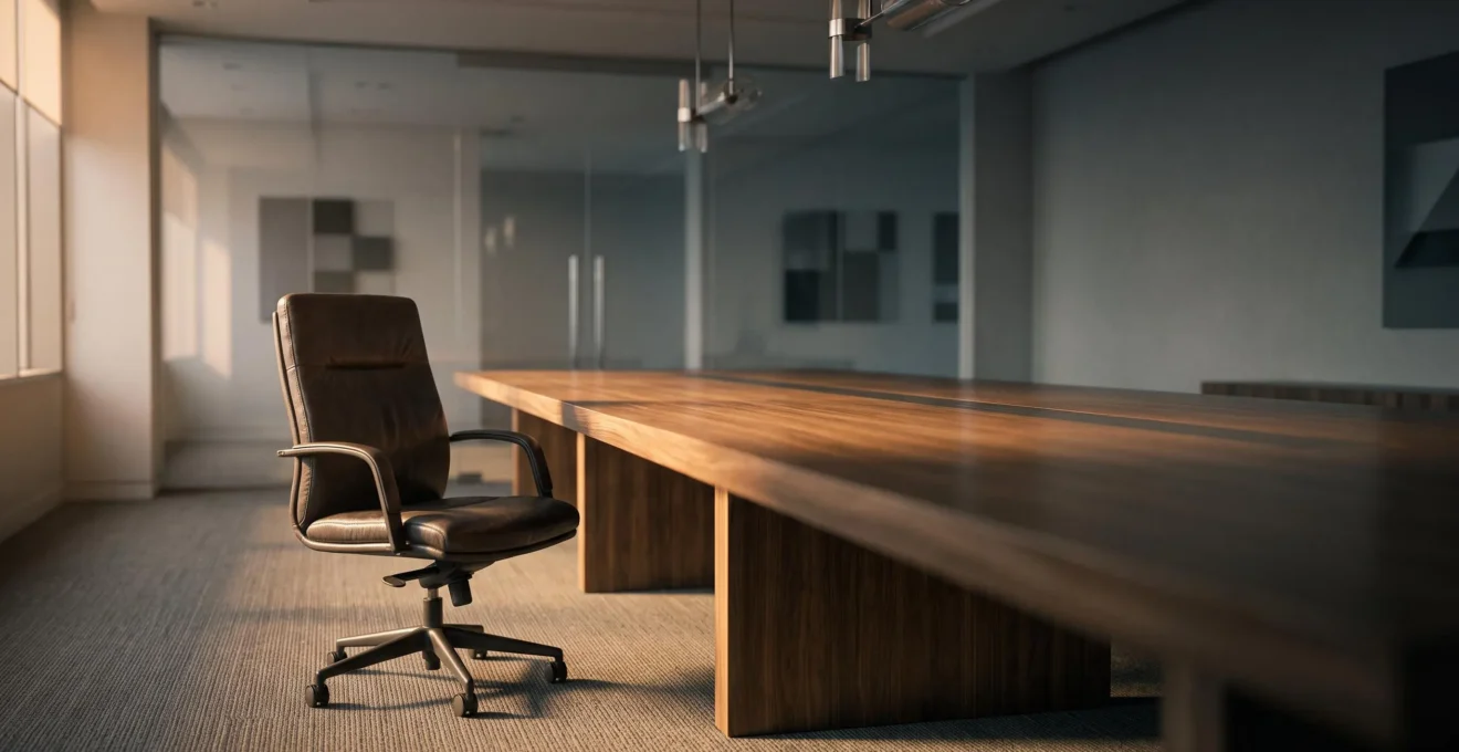 Salle de réunion vide avec une chaise de bureau inoccupée, symbolisant les créances impayées jamais recouvrées