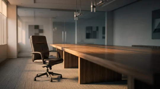 Salle de réunion vide avec une chaise de bureau inoccupée, symbolisant les créances impayées jamais recouvrées