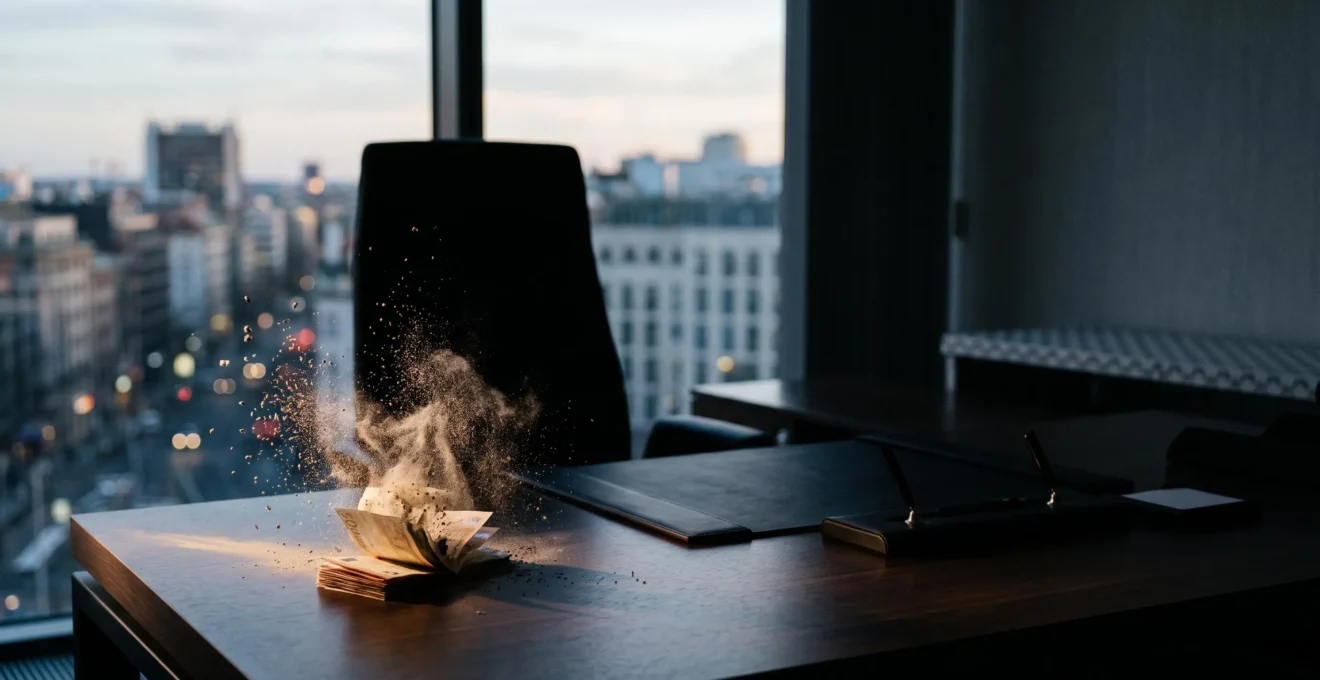 Bureau de direction plongé dans une lumière dramatique symbolisant la perte financière rapide causée par un email frauduleux