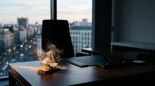 Bureau de direction plongé dans une lumière dramatique symbolisant la perte financière rapide causée par un email frauduleux