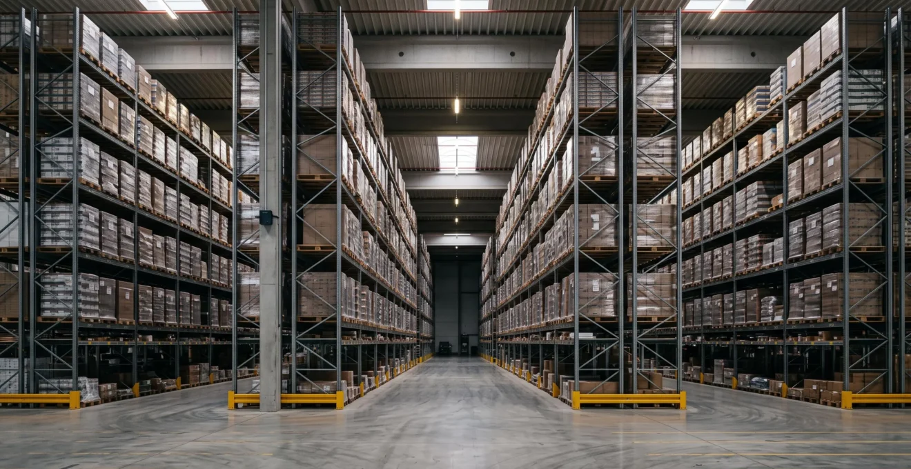 Vue large d'un entrepot logistique moderne avec une couverture de detection volumetrique optimisee jusqu'en hauteur, sans angle mort