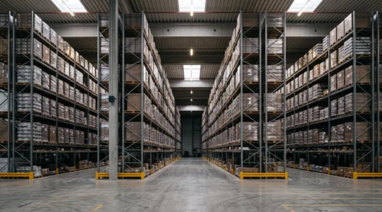 Vue large d'un entrepot logistique moderne avec une couverture de detection volumetrique optimisee jusqu'en hauteur, sans angle mort