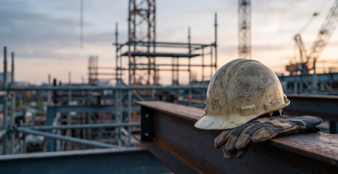 Casque de chantier et gants de protection posés sur une structure métallique industrielle, symbole de la prévention des accidents graves au travail