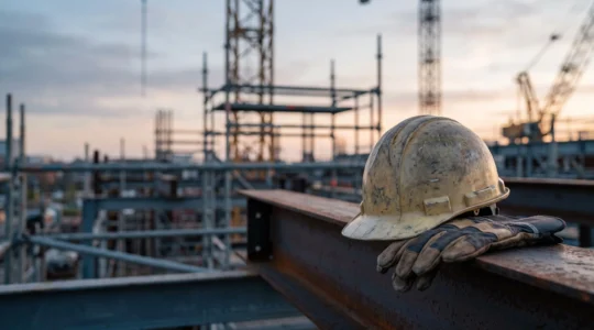 Casque de chantier et gants de protection posés sur une structure métallique industrielle, symbole de la prévention des accidents graves au travail
