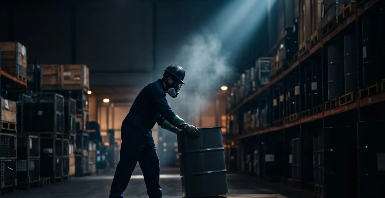 Travailleur industriel manipulant un contenant chimique dans un environnement professionnel, symbolisant le risque invisible d'exposition cancérogène