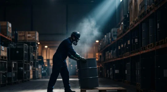 Travailleur industriel manipulant un contenant chimique dans un environnement professionnel, symbolisant le risque invisible d'exposition cancérogène