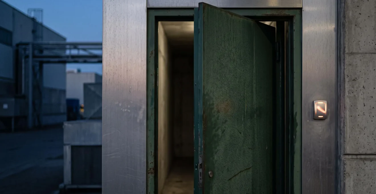 Photographie symbolique d'une porte industrielle entrouverte illustrant une faille dans la gestion des acces physiques