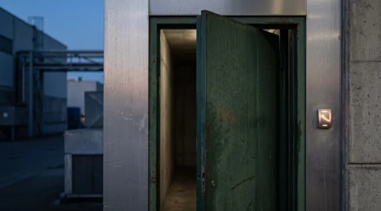 Photographie symbolique d'une porte industrielle entrouverte illustrant une faille dans la gestion des acces physiques