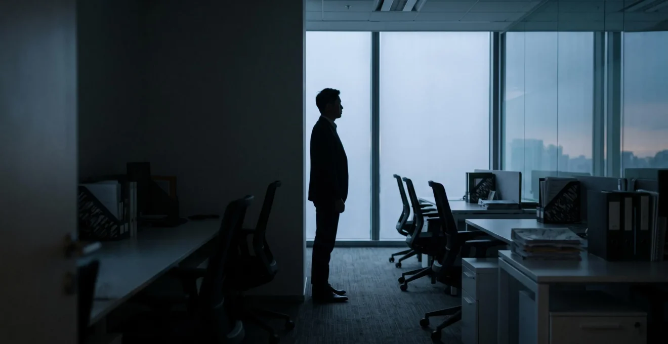 Silhouette d'un employé isolé dans un bureau plongé dans la pénombre, symbolisant les fraudes internes invisibles en entreprise