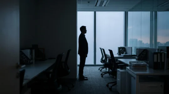 Silhouette d'un employé isolé dans un bureau plongé dans la pénombre, symbolisant les fraudes internes invisibles en entreprise