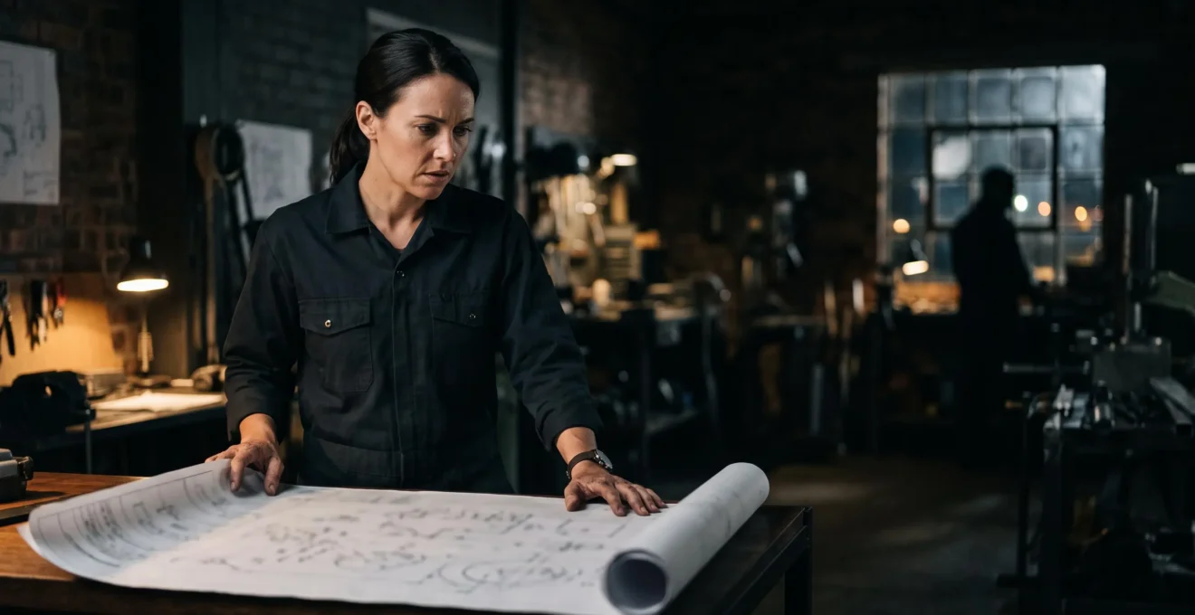 Ingénieur industriel examinant des plans de fabrication dans un atelier sombre, symbole de vulnérabilité numérique malgré la protection apparente