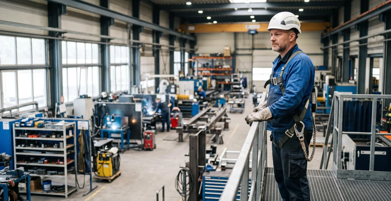 Ouvrier industriel équipé de son casque et de son harnais de sécurité, observant attentivement une ligne de production métallique dans une usine lumineuse et organisée.