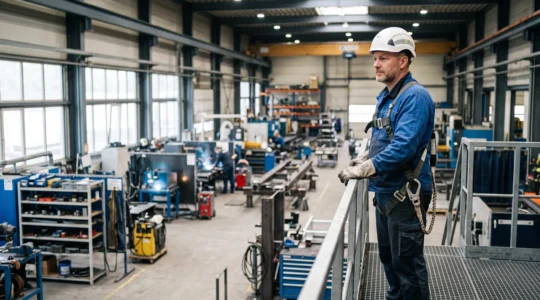 Ouvrier industriel équipé de son casque et de son harnais de sécurité, observant attentivement une ligne de production métallique dans une usine lumineuse et organisée.