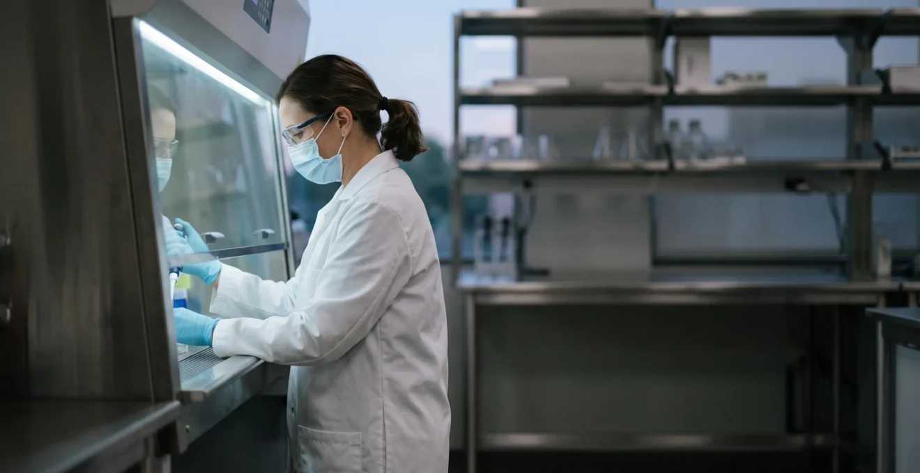 Scientifique en blouse manipulant un echantillon biologique sous un poste de securite microbiologique dans un laboratoire moderne