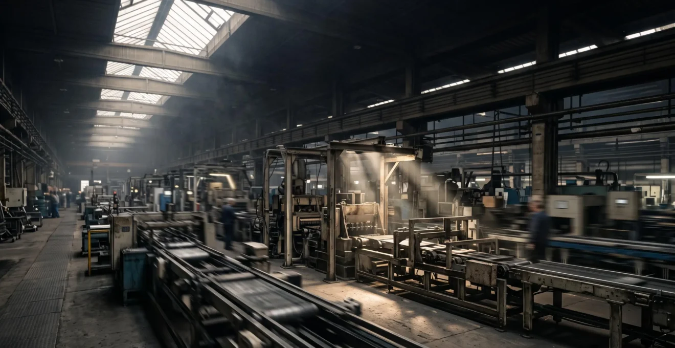 Vue large d'une ligne de production industrielle en pleine activite, symbolisant la maitrise des arrets non programmes