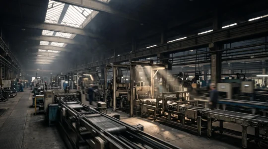 Vue large d'une ligne de production industrielle en pleine activite, symbolisant la maitrise des arrets non programmes