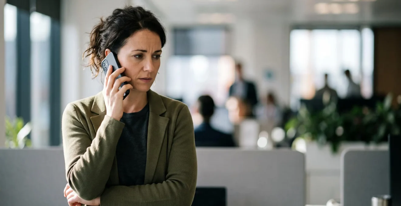 Employe de bureau hesitant devant son telephone, symbolisant le moment critique de manipulation par ingenierie sociale