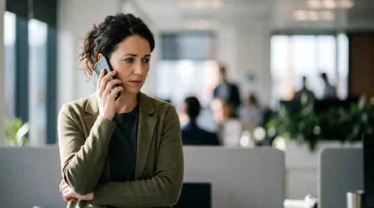 Employe de bureau hesitant devant son telephone, symbolisant le moment critique de manipulation par ingenierie sociale