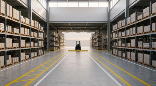 Allee d'entrepot industriel avec marquage au sol colore illustrant la securite de la circulation