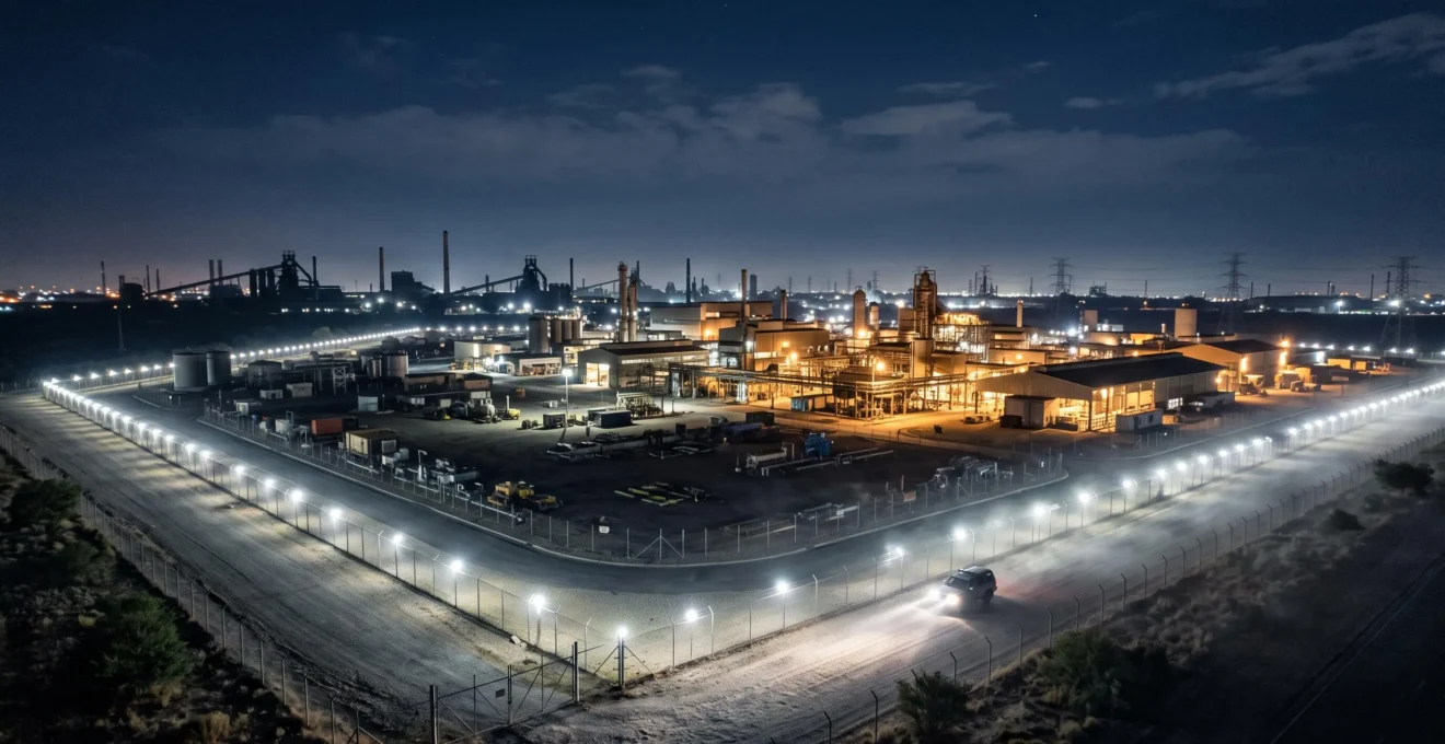 Vue nocturne grand angle d'un site industriel entouré de plusieurs cercles de protection lumineux