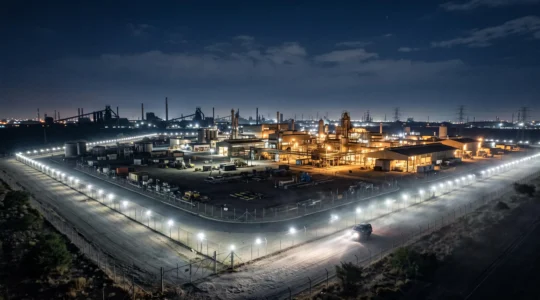 Vue nocturne grand angle d'un site industriel entouré de plusieurs cercles de protection lumineux