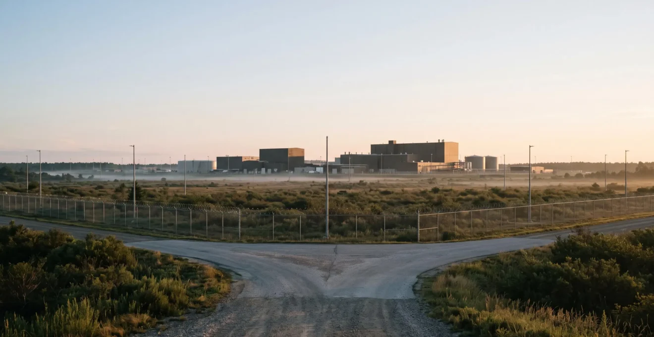 Vue d'ensemble aerienne d'un site industriel protege par plusieurs niveaux de securite perimetrique