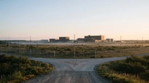 Vue d'ensemble aerienne d'un site industriel protege par plusieurs niveaux de securite perimetrique