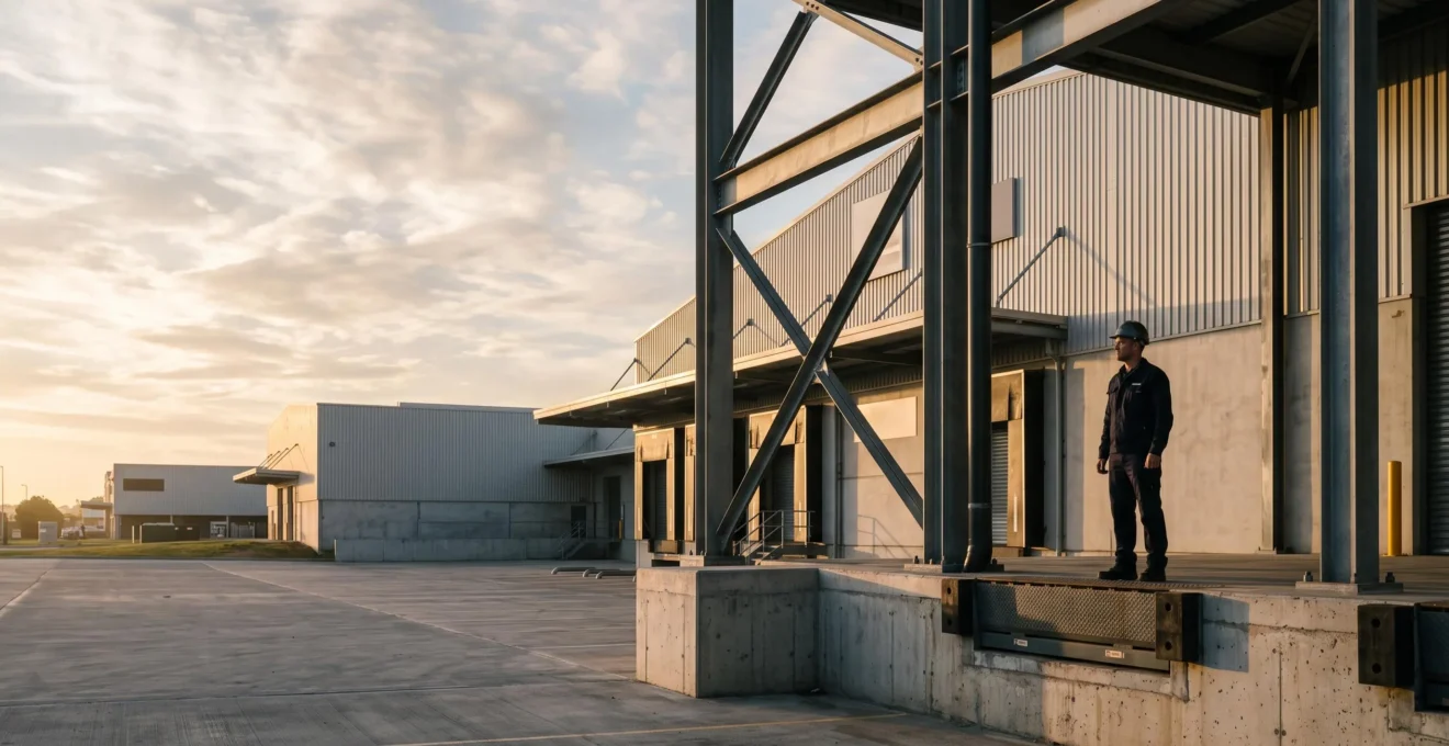 Vue large d'un site industriel au lever du jour, symbolisant la résilience financière d'une PME face à une perte majeure