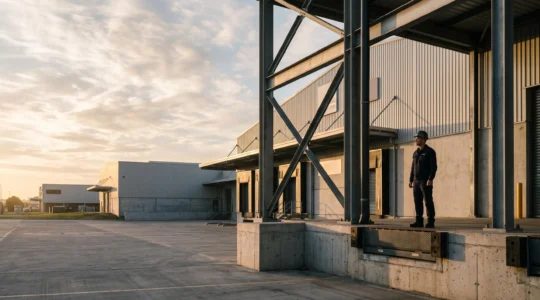 Vue large d'un site industriel au lever du jour, symbolisant la résilience financière d'une PME face à une perte majeure